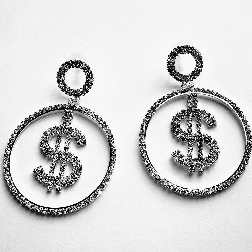 2" Silver Stud Rhinestone $ Sign Dbl Hoop Earrings